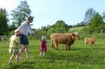Výlet s dětmi na farmu, na obrázku si děti prohlíží zvířátk na farmě