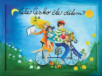 obrázek kam,paně Celé Česko čte dětem, na obrázku ilustrace dětí jedoucí po louce plné květin na kole s knihou v ruce