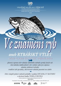 Plakát s obrázkem kapra zvoucí do Valašského muzea v přírodě na rybářský výlet